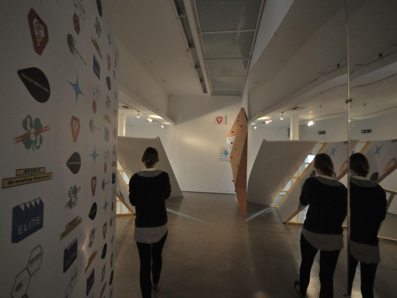 London 2012 Culture Olympiad & Centre for Sport & Exercise Research. Solo exhibition at Site Gallery, Sheffield. 'Advantage' was an Installation with tunnels, climbing wall, graphics and mirrors.