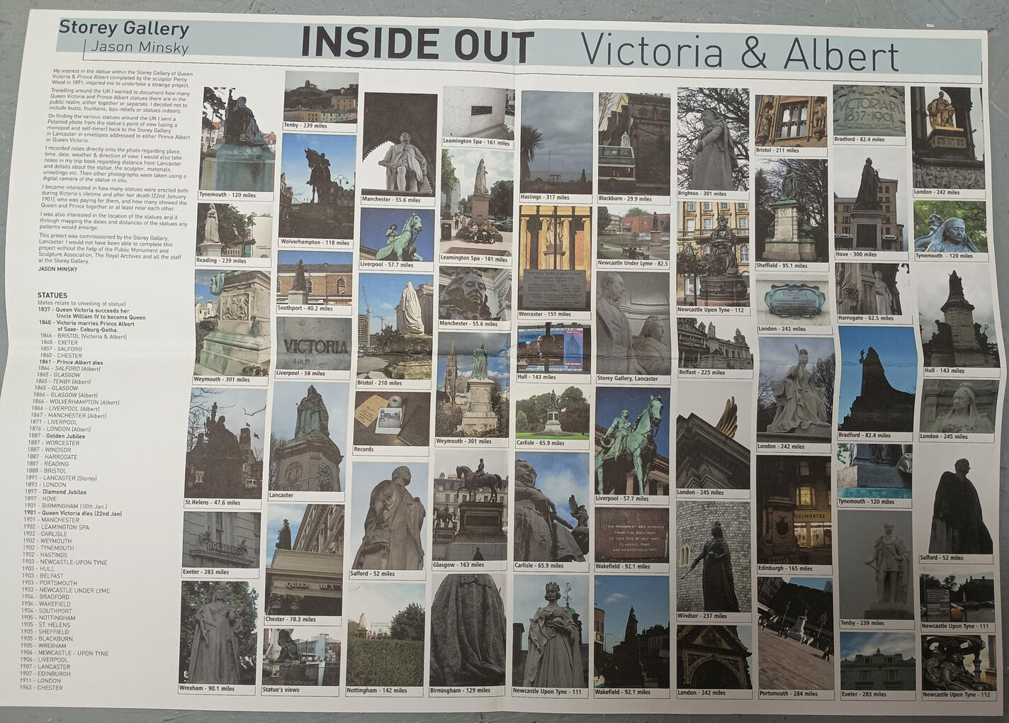 Shows statues around Uk of Victoria & Albert where polaroid photos were taken from and sent to statue in Storey Gallery.